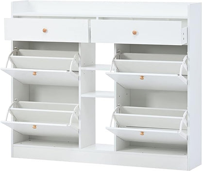 JIVOIT 2-Tier Shoe Storage Organizer, Modern Wooden Shoe Cabinet with 4 Flip Drawers, Multifunctional Free Standing Shoe Rack for Entrance Hallway Small Spaces (White+4 Flip Drawers)