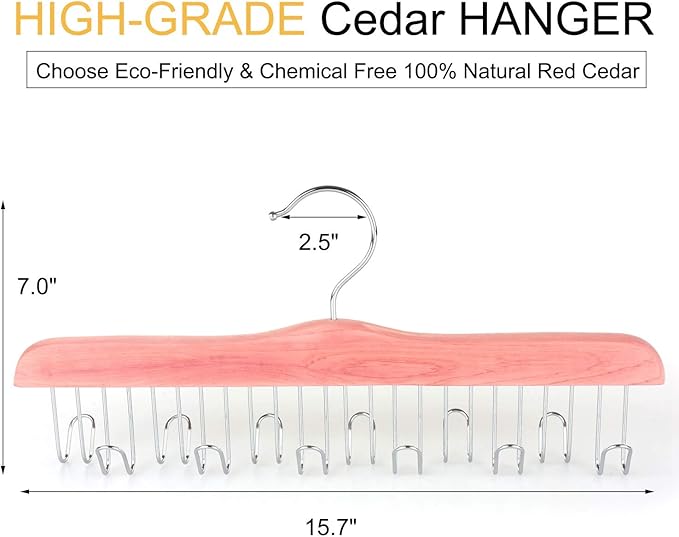 TOPIA HANGER American Red Cedar Wood Belt Hanger, Belt Organizer Rack with 12 Metal Hooks,Closet Organizer for Tank Tops, Ties, Scarves, Neckties (1-Pack) CT13B