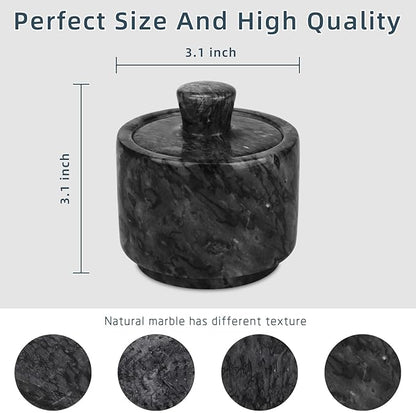 Marble Salt Cellar with Lid, White and Black Stone Salt and Pepper Bowl Box Container Jar Holder Well Keeper Dish Pig Crock