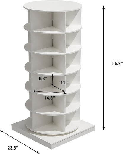 HomVent Rotating Shoe Rack, Wooden 6-Tier Spinning Shoe Rack Tower, Free Standing 360° Revolving Shoe Organizer Shoe Storage Shelf Can Hold Over 24 Pairs Shoes for Entryway Living Room (6-Tier, White)