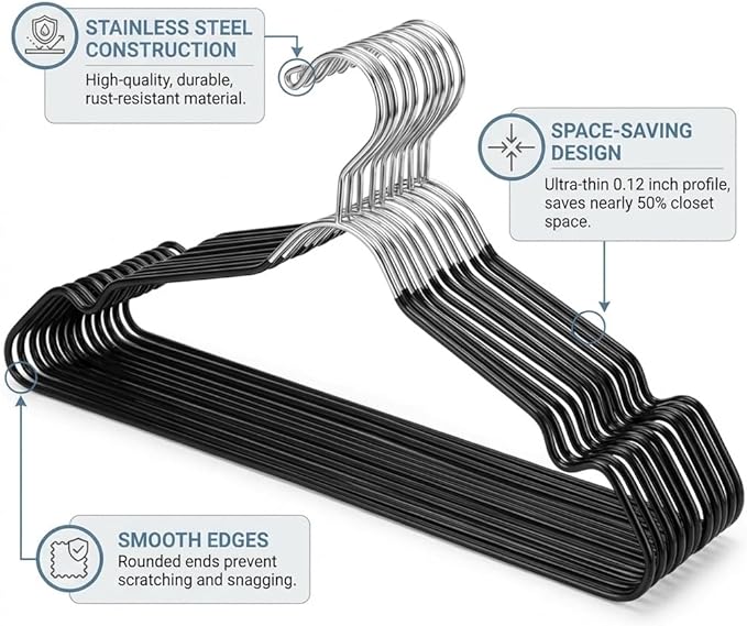 24-Pack Metal Hangers with Shoulder Notch - Heavy Duty Wire Clothes Hangers, Ultra-Thin Stainless Steel, Non-Slip, Space-Saving Coat Hangers for Home, and Hotels - Rust-Resistant and Durable