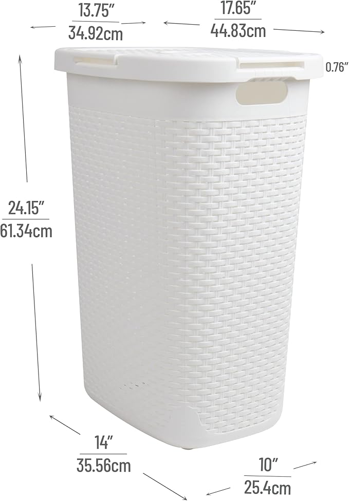 Mind Reader Slim Laundry Hamper with Lid, 60L Tall Clothes Basket, Narrow Tapered Design for Bathrooms, Closets and Laundry Rooms, Plastic, White