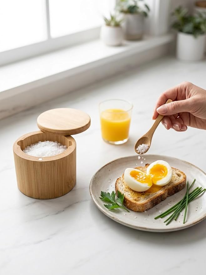 Salt Cellar with Magnetic Swivel Lid and Spoon – Bamboo Salt Box for Countertop, 6 oz Wooden Salt Container | Stores Sea Salt, Kosher Salt, Spices, Pepper & Sugar | Housewarming Gift for Home Cooks