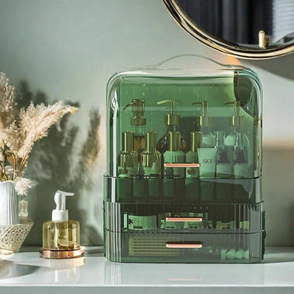 Green Drawers Portable Cosmetics Storage Box Transparent Lid Large Makeup Organizer Box Handle Waterproof Dustproof Skincare Display Cases for Countertop Bathroom Dresser