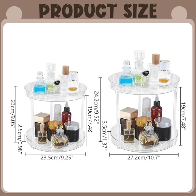 Perfume Organizer 360 Rotating Cosmetic Storage Box Transparent Acrylic Swivel Shelf Desktop Skin Care Dresser Finishing 2 Tiers Clear Perfumes Holder Display Rack Skincare Organization