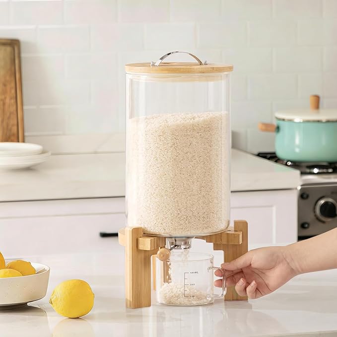 HBlife Glass Rice Dispenser with Wooden Stand Flour and Cereal Container with Glass Measuring Cup Pantry Food Organization Storage Bin with Airtight Bamboo Lid, 3L+5L