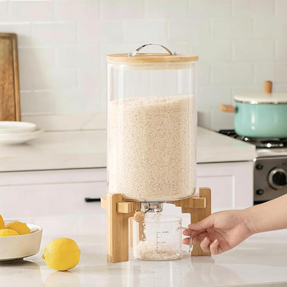 HBlife Glass Rice Dispenser with Wooden Stand Flour and Cereal Container with Glass Measuring Cup Pantry Food Organization Storage Bin with Airtight Bamboo Lid, 3L+5L