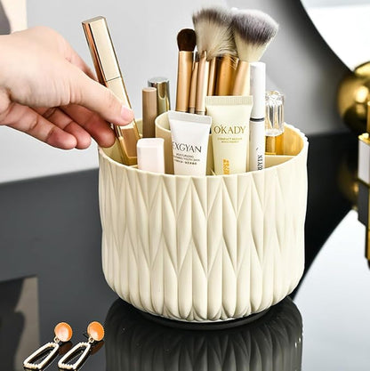 Rotating Makeup Brush Holder - Beige 5 Slot 360° Spinning Organizer for Vanity Desk, Cute Aesthetic Storage for Women, Multi-purpose Pen Pencil Caddy for Office Home Art Supplies