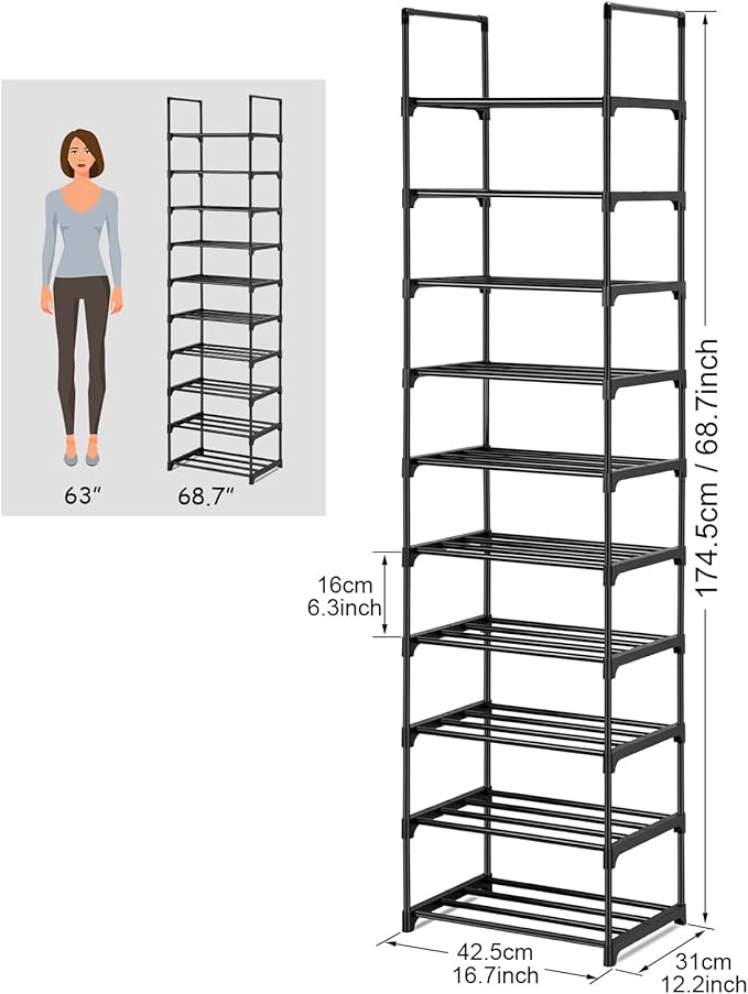 Phyllia 10-Tier Vertical Shoe Rack Organizer,Multipurpose Shoe Shelf Storage, Metal Storage Shelf, Black