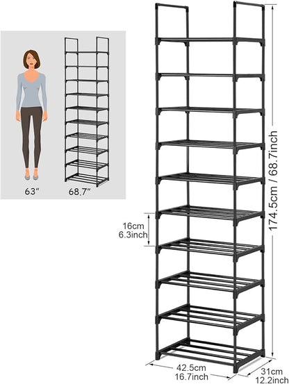 Phyllia 10-Tier Vertical Shoe Rack Organizer,Multipurpose Shoe Shelf Storage, Metal Storage Shelf, Black