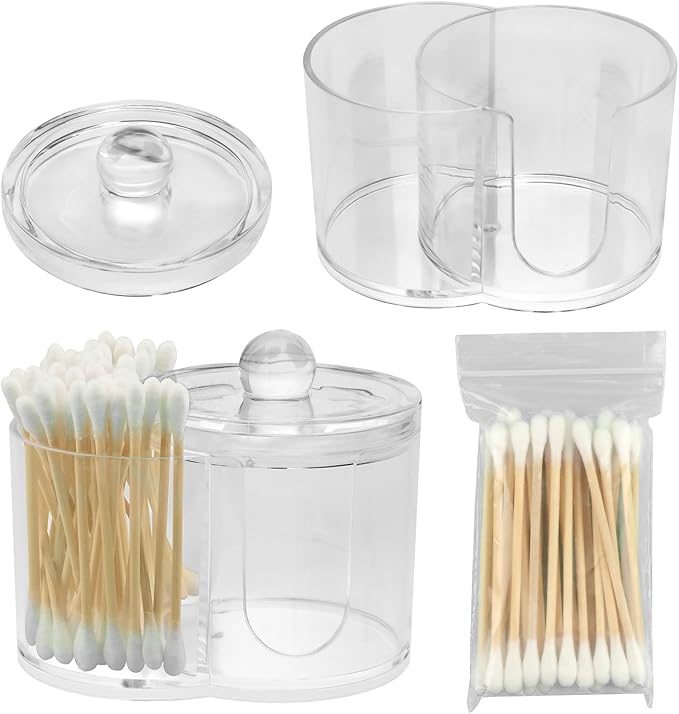 Q Tip Holder, 2-Grid Acrylic Cotton Swab & Cotton Pad Holder, 2 PCS Qtip Holder with Dustproof Lid for Bathroom,With 2 Pack of Qtips, Dressing Table Round Container