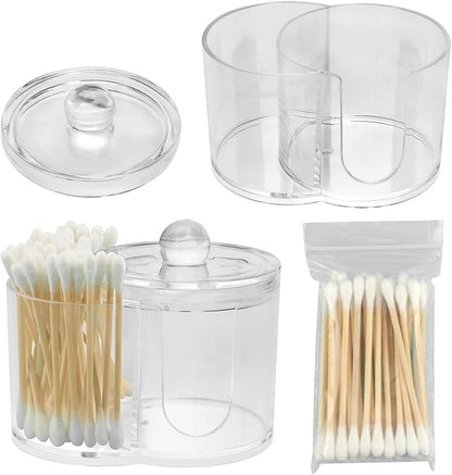 Q Tip Holder, 2-Grid Acrylic Cotton Swab & Cotton Pad Holder, 2 PCS Qtip Holder with Dustproof Lid for Bathroom,With 2 Pack of Qtips, Dressing Table Round Container