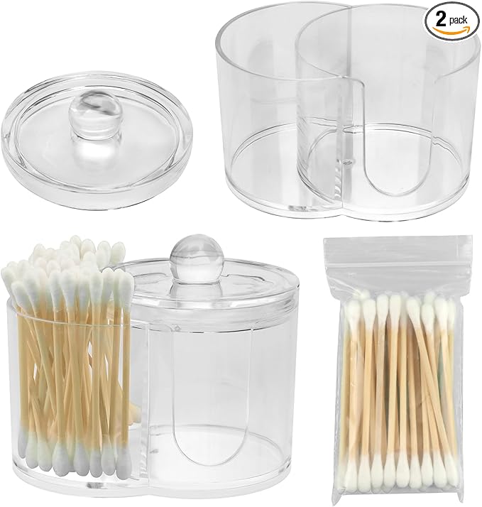 Qtip Dispenser Holder with Cotton Swab, Dual-Compartment Round Cotton Pads Dispenser Small Plastic Swabs Dispensers with Lid, Compact Countertop Storage Container