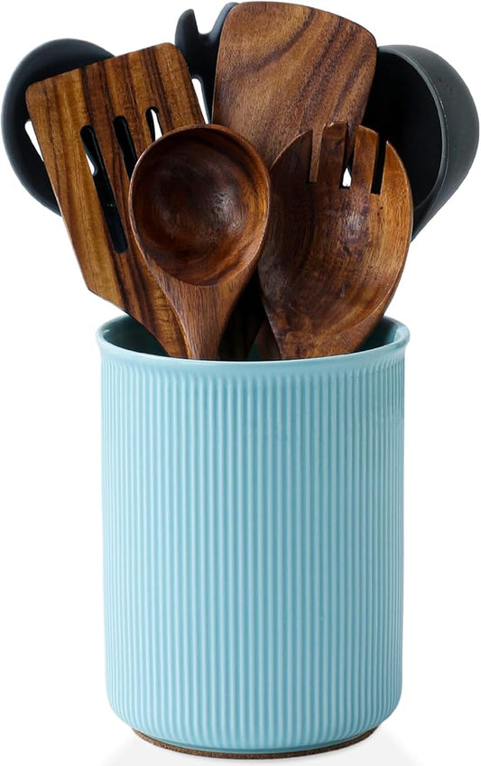 LoeJan Utensil Holder, Extra Large Utensil Crock, Stable Ceramic Utensil Organizer, Cooking Tool Organizer Set for Kitchen Counter Farmhouse Décor, Turquoise