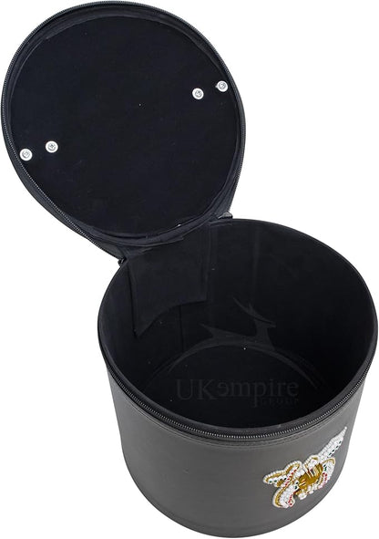 Premium Masonic Shriner Fez Hat Case Black Leather – Dual Emblems Front & Top (Rhinestones Hand Embroidery) with Shoulder Strap