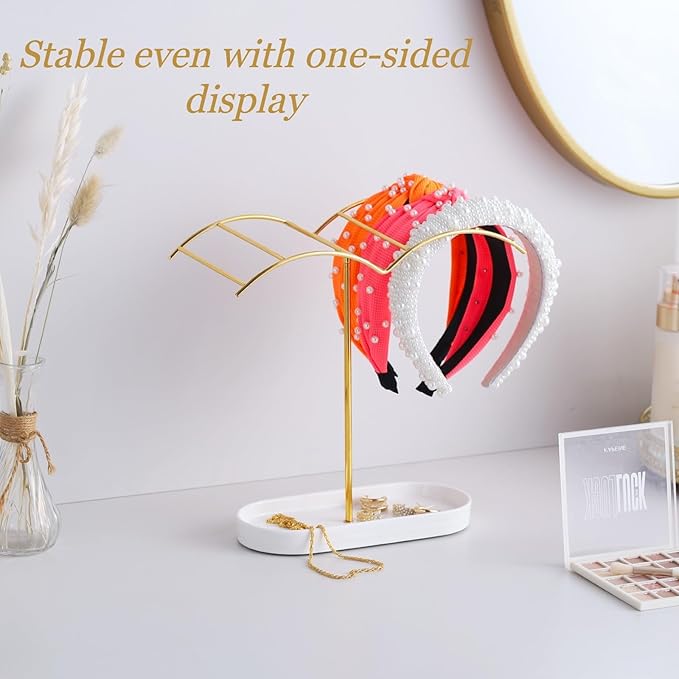 Headband Holder with Ceramic Jewelry Tray,Headband Organizer for Women Girls,Hair Hoop Band Ear Display Stand,Aesthetic Vanity Hair Accessories Organizer for College Dorm Room Gold Decor