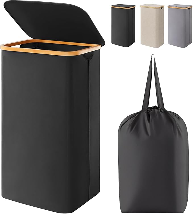 Lifewit 100L Laundry Basket with Lid, Clothes Hampers for Laundry with Bamboo Handles and 1 Removable Bag, Large Foldable Laundry Hamper for Bedroom, Bathroom, Dorm, Laundry Room, Black