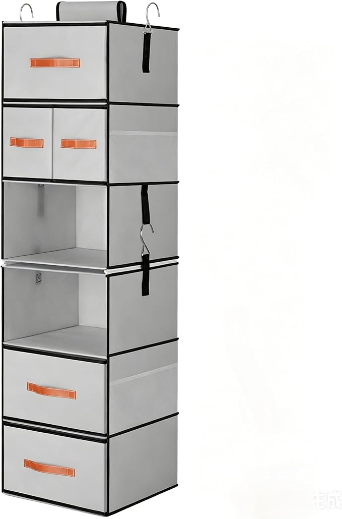Hanging Closet Organizer 6-Shelf, Upgrade Closet Organizers and Storage with 5 Removable Drawers & 4 Side Pockets, Hanging Shelf Organizer for Bedroom or Garment Rack, 12.6'' x 12.6'' x 44.1'', Gray