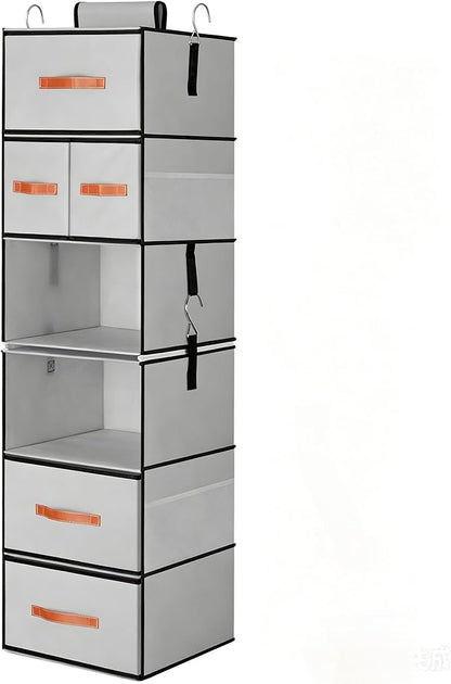 Hanging Closet Organizer 6-Shelf, Upgrade Closet Organizers and Storage with 5 Removable Drawers & 4 Side Pockets, Hanging Shelf Organizer for Bedroom or Garment Rack, 12.6'' x 12.6'' x 44.1'', Gray