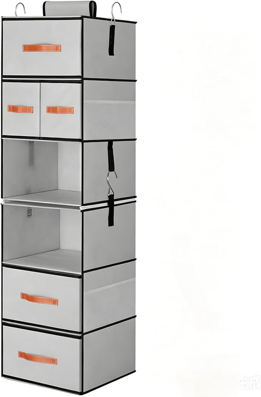 Hanging Closet Organizer 6-Shelf, Upgrade Closet Organizers and Storage with 5 Removable Drawers & 4 Side Pockets, Hanging Shelf Organizer for Bedroom or Garment Rack, 12.6'' x 12.6'' x 44.1'', Gray