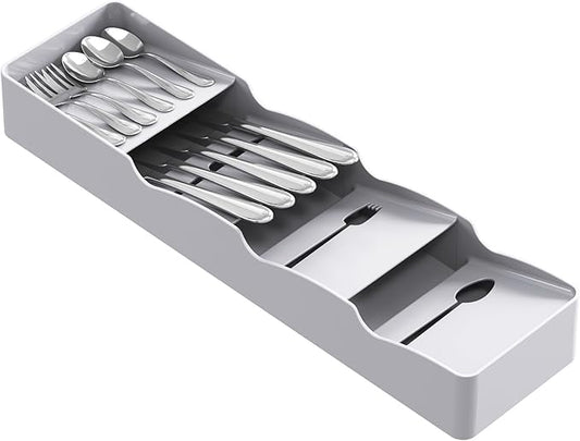 Lifewit Small Flatware Drawer Organizer, Compact Narrow Silverware Tray for Kitchen Drawers, Plastic Cutlery Holder for Spoons, Forks, Knives – Fits Small & Slim Kitchen Drawers, Gray