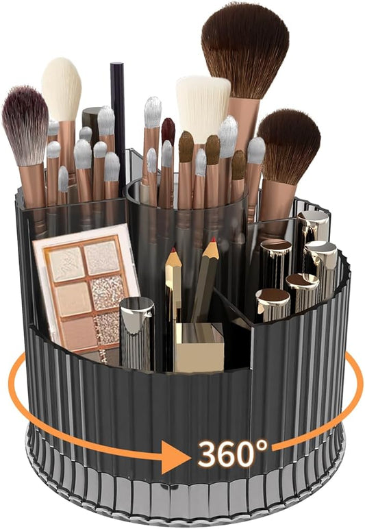 360° Rotating Makeup Brush Holder Organizer, 5 Slot Make up Brushes Cup for Cosmetics, Nail Polish, Art Supply, Skincare, Perfume, Bathroom Vanity Desktop Organizer - Clear gray