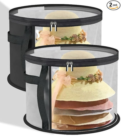 Hat Storage Box Organizer with Clear Window, Round, Set of 2, Black