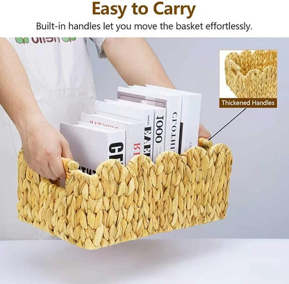 2Pack Scalloped Edge Wicker Basket,Hand-Woven Rattan Baskets with Wooden Handles,Natural Water Hyacinth Basket for Laundry,Shelves,Decorative Basket