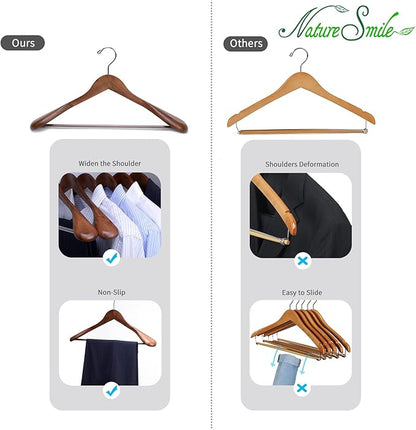 Nature Smile Luxury Wooden Suit Hangers 6 Pack Wood Coat Hangers Jacket Outerwear Shirt Hangers,with Extra-Wide Shoulder, 360 Degree Swivel Hooks & Anti-Slip Bar with Screw(Retro Color)
