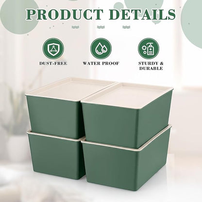 Menkxi 4 Pcs Storage Bins with Lids Plastic Stackable Containers for Organizing Shelves Christmas Ornament Box Baskets(Green,Large)
