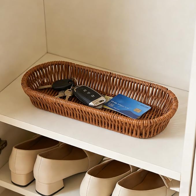 Storage Basket Small, 6 Pack Silverware Organizer Basket, Flatware Organizer for Drawer, Small Narrow Bread Baskets, Stackable Wicker Storage Baskets for Spoons Forks Knives Stationery (Oval)