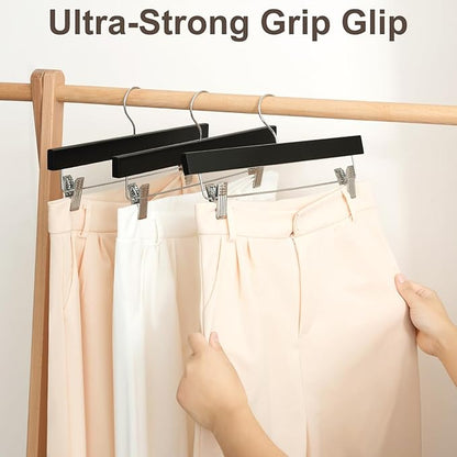 BAGAIL 20 Pack Wooden Pants Hangers with Adjustable Clips, 360°Swivel Hook Space Saving Skirt Holders with Anti-Rust Clips for Trousers, Jeans, Shorts (Black)