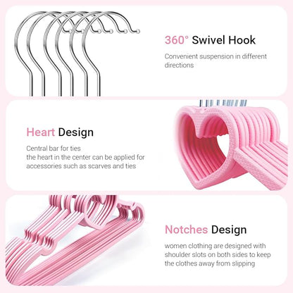 Plastic Hangers 30 Pack, Cute Heart Hangers Ultra Thin Space Saving with 360 Degree Swivel Hook &10 Clips-Strong and Durable Adult for Sweater,Dress, Shirt, Coat