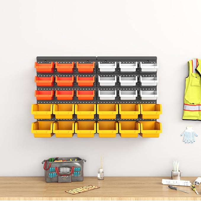30-Bin Wall Mounted Storage Bins Kit, Tool Organizer Rack, Garage Hardware Organizer, Parts Storage Bins, DIY Combination(Grey & Orange & Yellow Type)