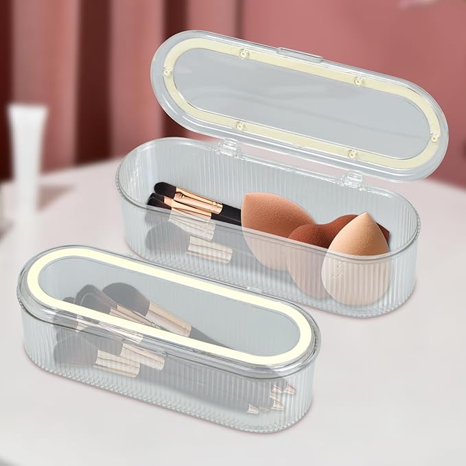 WANGSHIQ Makeup Brush Holder Organizer,Clear Makeup Sponges Organizer,Cosmetic Storage Case with Lid Display Case for Vanity, 1 Compartment