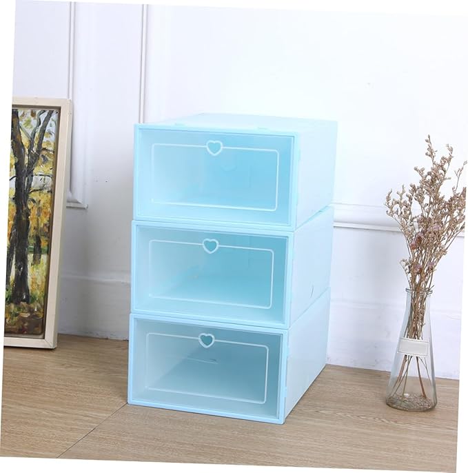 TOYANDONA 6Pcs Plastic Drawer-type Shoes Storage Boxes for Women Transparent Heart Pattern Shoe Organizers with Clamshell Lid Stackable and Reinforced Design Blue