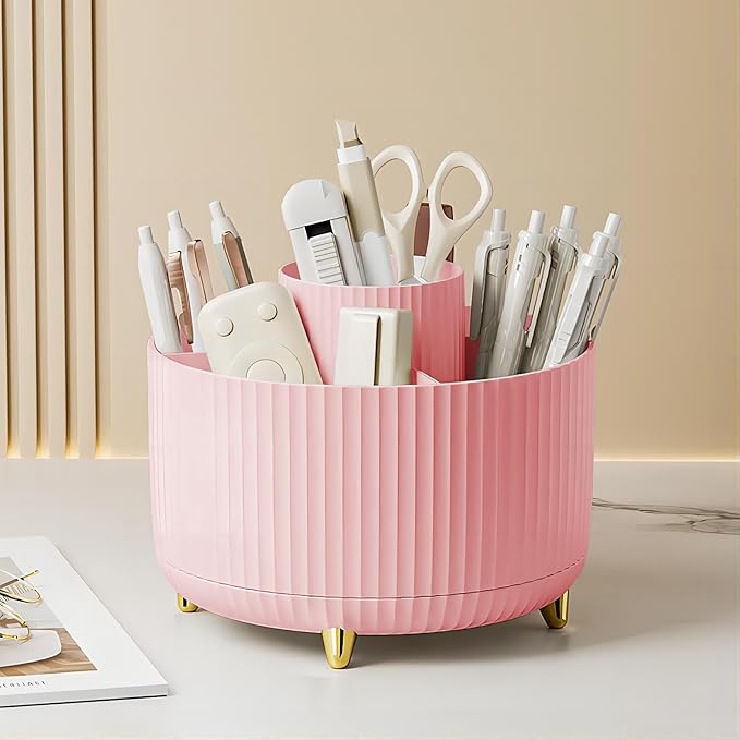 DASITON Large Capacity Makeup Brush Holder,360° Rotating Makeup Organizer,5 Slot Makeup Brushes Cup,for Vanity Decor,Bathroom Countertops,Desk Storage Container,Cosmetic Display cases(Pink)