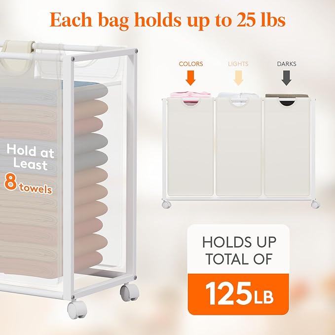 Lifewit Laundry Hamper 3 Section, Large Rolling Laundry Sorter with Shelf & 2 Drawers, Pull-Out Laundry Basket Organizer with Wheels and Removable Bag for Laundry Room Bathroom, White and Beige