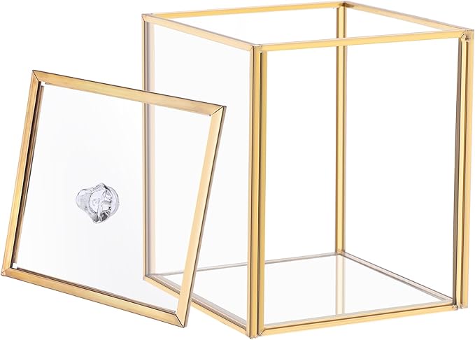 Hipiwe Gold Glass Vanity Box Vintage Apothecary Jars with Lids Cotton Pad Dispenser Qtip Holder Cotton Ball Swab Round Organizer Bathroom Canister Storage Jar for Q-tip, 3.9" L x 3.9" W x 4.7" H