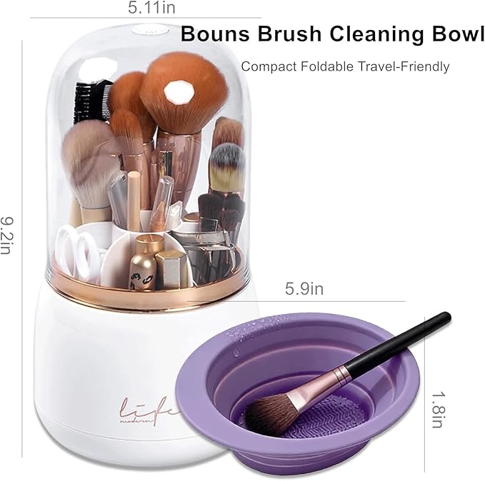 360 Rotating Makeup Brush Holder with Lid Clear Dustproof Make Up Organizers for Vanity Countertop Includes a Foldable Bowl for Cleaning Makeup Brush Transparent Dustproof (White)