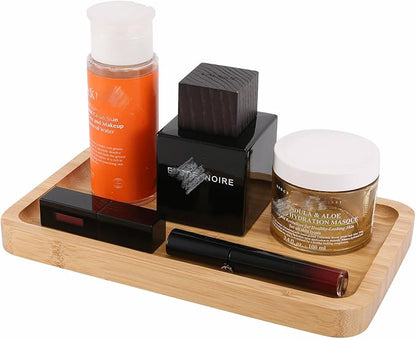 Natural Bamboo Vanity Tray Bathroom Tray Smooth and Thick Wooden Tray for Perfume Cotton Swabs Balls Candles Cosmetics Jewelry Makeup