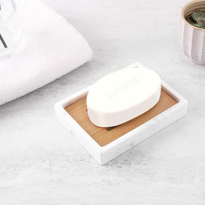 Luxspire Bamboo Soap Dish, Resin Soap Holder with Drainage, Wooden Soap Dish for Shower, Bathroom, Sink, Kitchen and Countertop, Gravel White