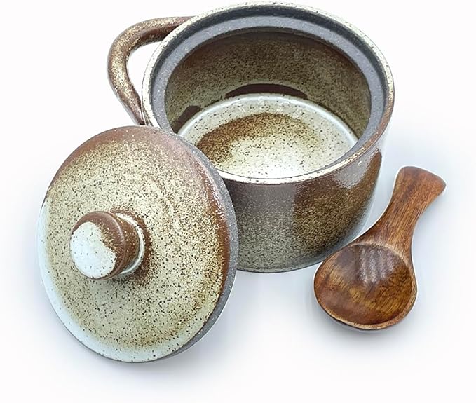 8 oz Ceramic Salt Cellar with Lid & Wooden Spoon,Countertop Salt Container,Sugar Bowl,Spices Jar|Terracotta Home Kitchen Decor(Coarse Pottery Color)