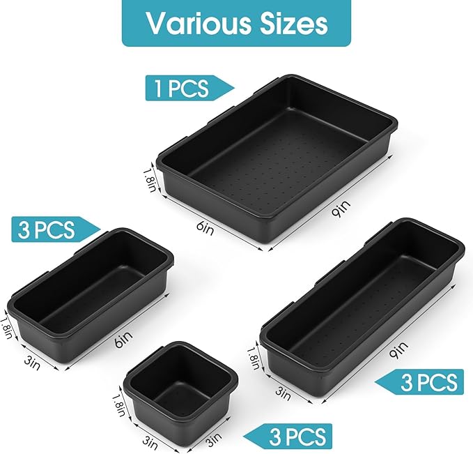 StoreHappily 10 PCS Drawer Organizer Set, 4 Size Makeup Drawer Divider Organizer With Non-Slip Pads, Interlocking Plastic Storage Bins for Office,Jewelry Vanity,Gadgets, Bathroom,Kitchen, Black