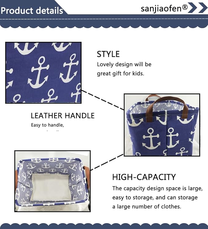 Rectangular Kids Storage Bins,Boys Baskets,Collapsible Anchor Organizer Bin with Handles for Nautical Nursery Decor,Clothes Storage,Book Basket,Gift Basket.( Anchor)
