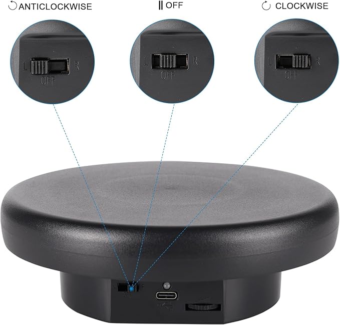 360° Electric Rotating Platform with Type-C Cable, 6.3in / 15lb Motorized Rotating Display for Jewelry Photography Products Live Show Video shoot, Mushroom Rotating Stand for 3D Model Cake Black