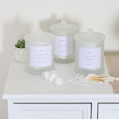 Ronasip 3 Pack Qtip Holder Dispenser, 16oz Bathroom Organizer and Storage Canisters, Glass Apothecary Jars with Lid - Home Decor, Room Decor Aesthetic (Frosted White)