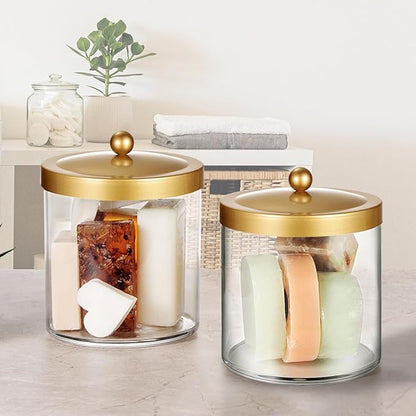 SheeChung 4 Pack 50 Ounce Large Clear Apothecary Jar with Gold Rust-Proof Lid - Shatterproof Plastic Storage Canister - Modern Luxury Bathroom Vanity & Laundry Room Organizer for Pods, Bath Salts