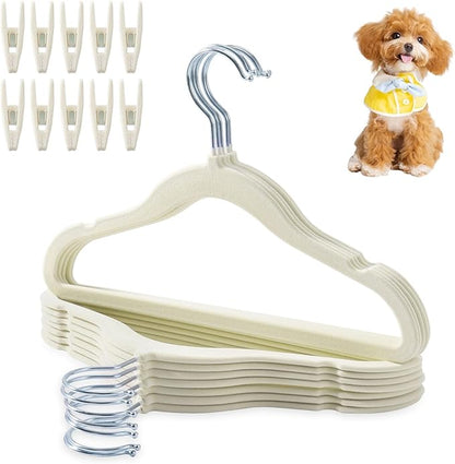 12 Pcs Dog Clothes Hangers with 10 Non-Slip Clips, 360° Swivel Non-Slip Plastic Flocked Fabric Dog Hangers for Clothes