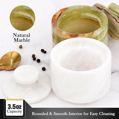 MARBLOUS KRAFTS Marble Salt Cellar with Lid 3" White and Green Onyx Salt & Pepper Bowls,Home Storage, Salt Container for Kitchen Countertop, Table Décor, Mother’s Day Gift, Kitchen, Seasoning Storage
